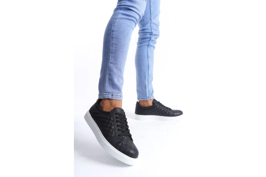 Swo166 Prestige Bağcıklı Cilt Kapitone Desenli Erkek Günlük Sneaker Ayakkabı Cbt - Siyah