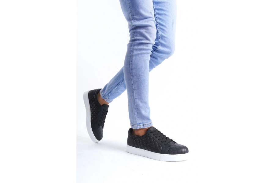 Swo166 Prestige Bağcıklı Cilt Kapitone Desenli Erkek Günlük Sneaker Ayakkabı Cbt - Siyah