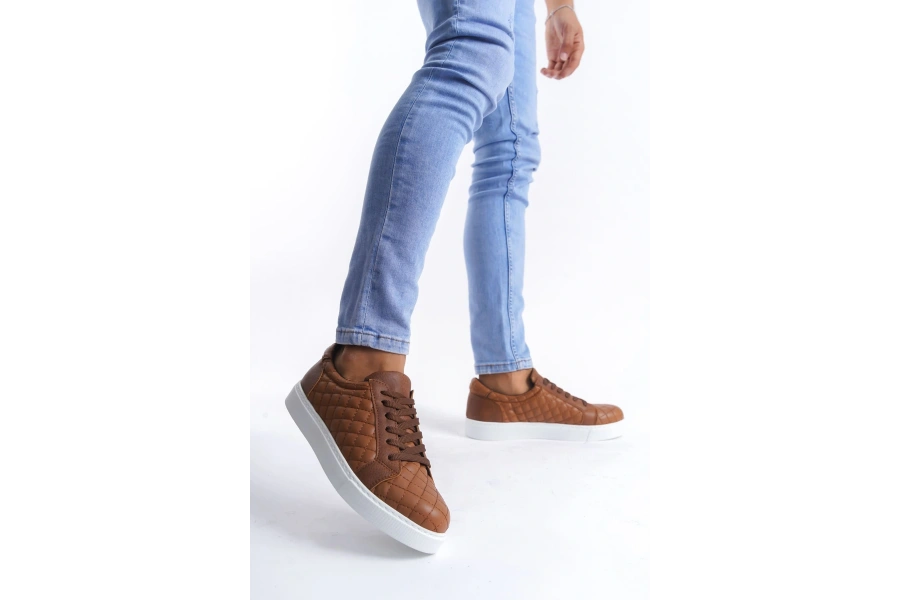 Swo166 Prestige Bağcıklı Cilt Kapitone Desenli Erkek Günlük Sneaker Ayakkabı Cbt - Taba