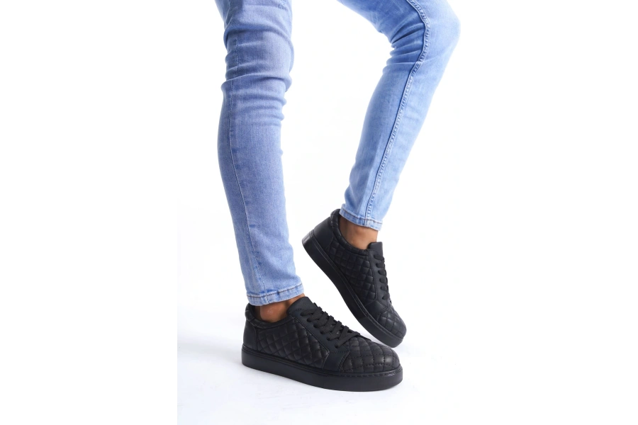 Swo166 Prestige Bağcıklı Cilt Kapitone Desenli Erkek Günlük Sneaker Ayakkabı Cst - Siyah