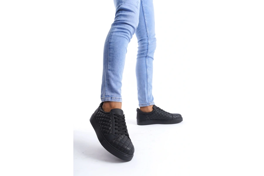 Swo166 Prestige Bağcıklı Cilt Kapitone Desenli Erkek Günlük Sneaker Ayakkabı Cst - Siyah