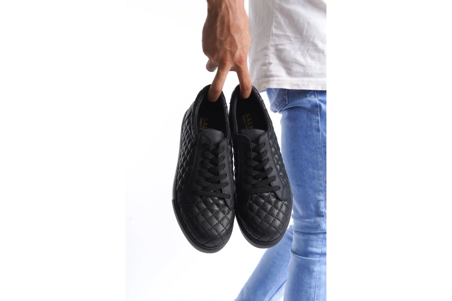 Swo166 Prestige Bağcıklı Cilt Kapitone Desenli Erkek Günlük Sneaker Ayakkabı Cst - Siyah