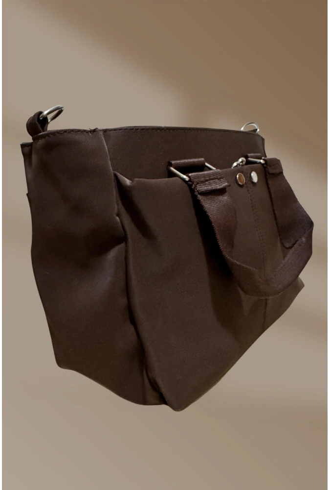 3 Cepli Fermuarlı Acı Kahve Saten El Ve Omuz Çantası