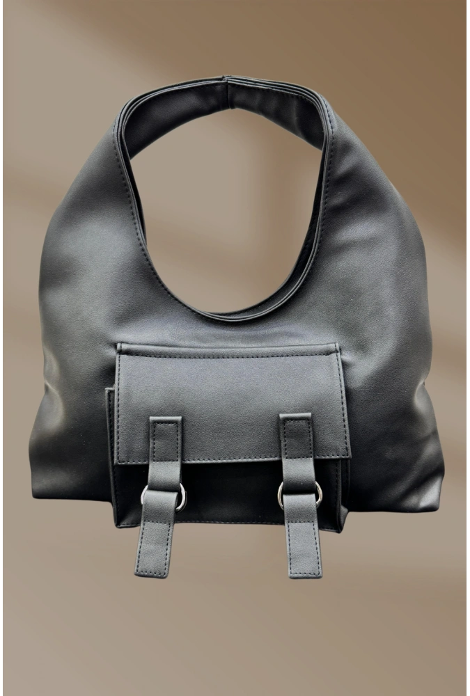 Düğmeli Cepli Kemer Detaylı Siyah El Ve Omuz Çantası