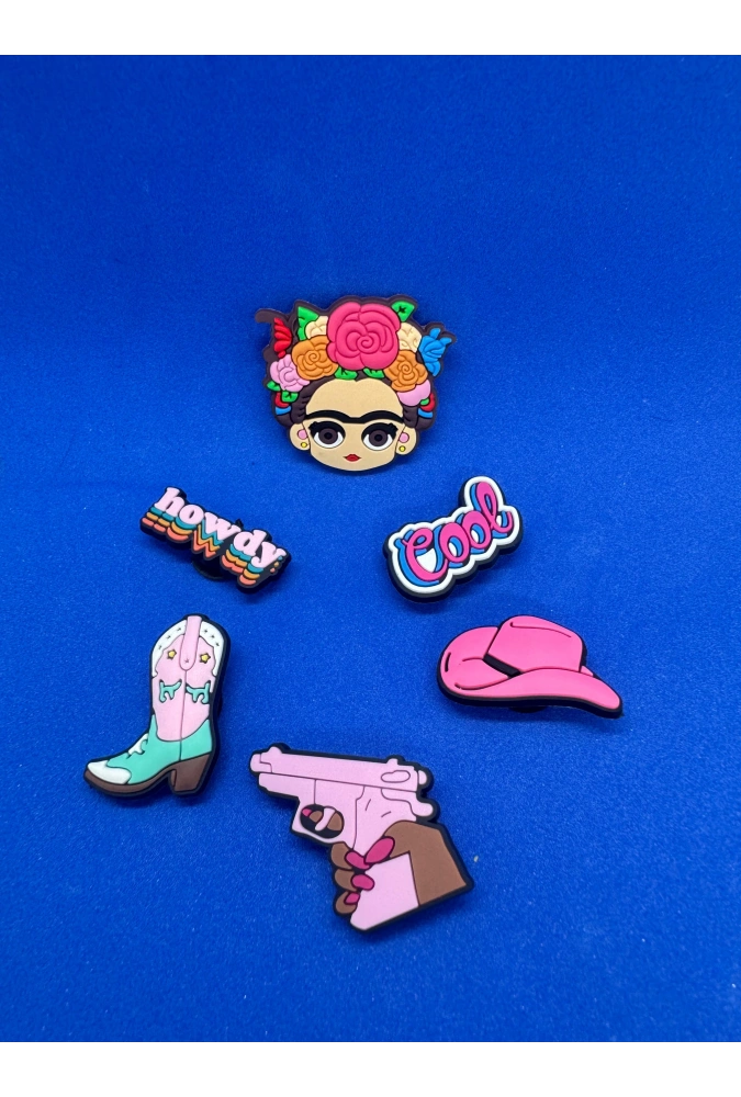 Pembe Kadın Temalı Frida Kahlo Charm 6lı Premium İthal Crocs Sandalet terlik Süsleri / Jibbitz