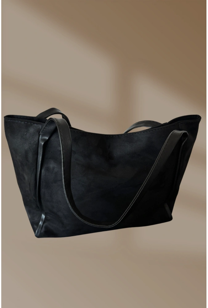 Fermuarlı İçi Cepli Lüks Süet Siyah Kadın El Ve Omuz Çantası