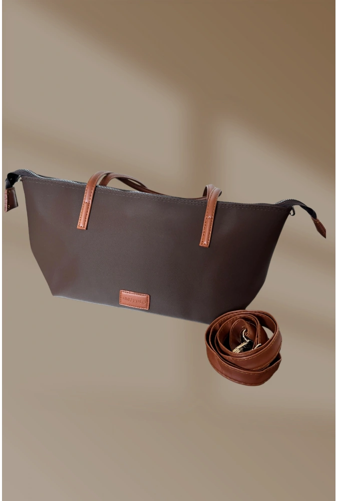 Fermuarlı İçi Cepli  Saten Kahve Kadın El Ve Omuz Çantası