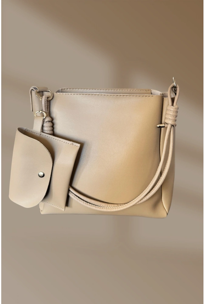 Fermuarlı İçi Cepli Yavrulu Bej Kadın El Ve Omuz Çantası