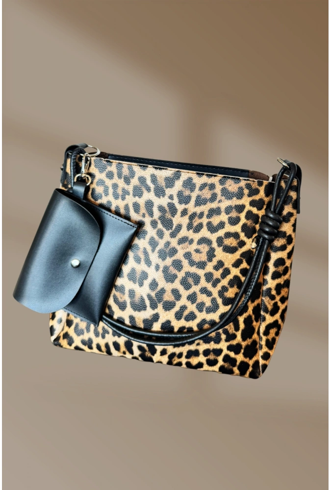 Fermuarlı İçi Cepli Yavrulu Leopar Kadın El Ve Omuz Çantası