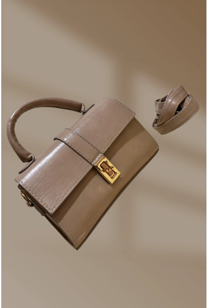 Klipsli Ayarlanabilir Askılı Bej Cilt El Ve Omuz Çantasısı