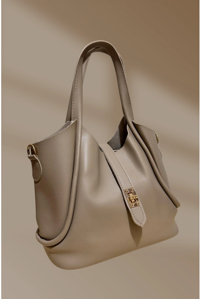 Klipsli Fermuarlı Bej Cilt El Ve Omuz Çantası