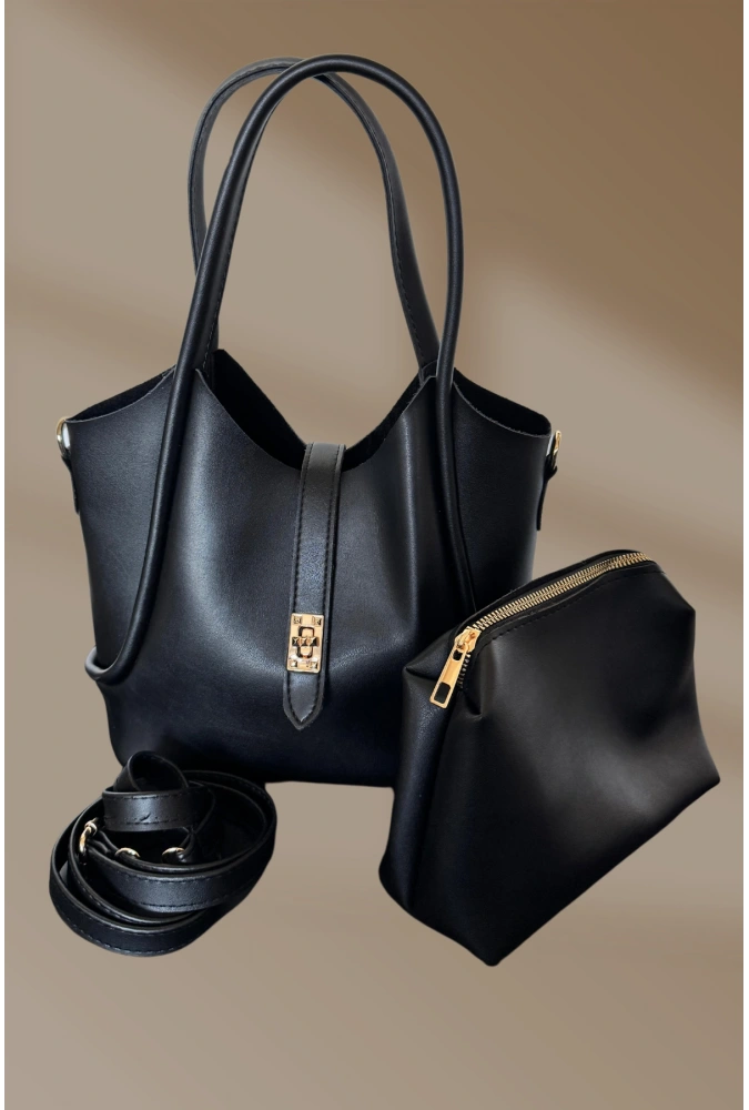 Klipsli Fermuarlı Siyah Cilt El Ve Omuz Çantası