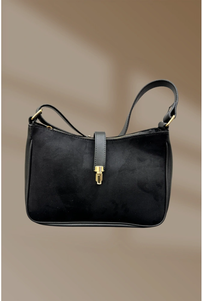 Klipsli Fermuarlı Siyah Lüks Süet El Ve Omuz Çantası