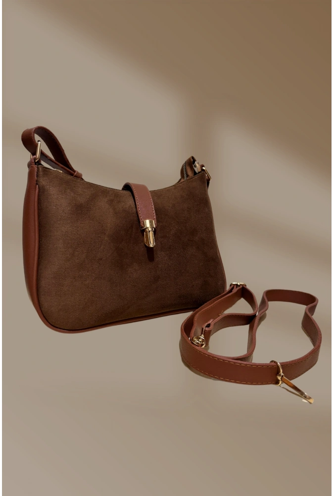 Klipsli Fermuarlı Taba Lüks Süet El Ve Omuz Çantası