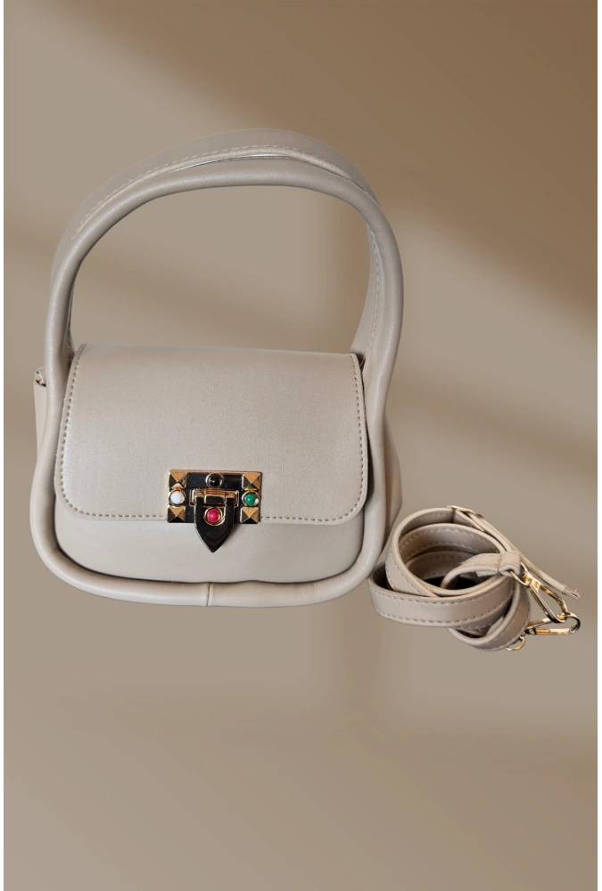 Klipsli Fermuarlı Taş Detaylı Bej Kadın El Ve Omuz Çantası