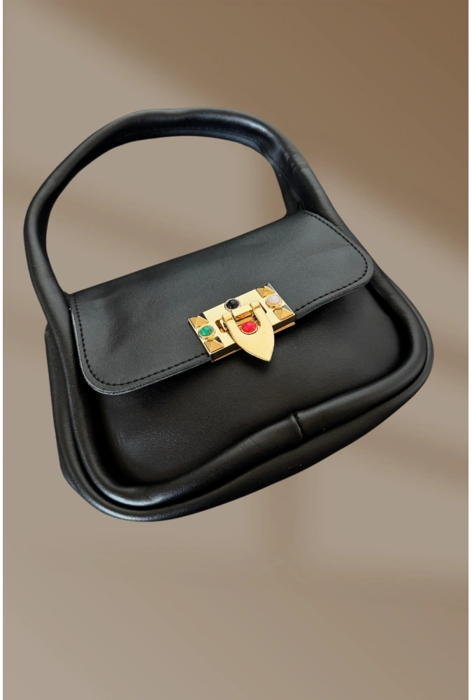 Klipsli Fermuarlı Taş Detaylı Siyah Kadın El Ve Omuz Çantası