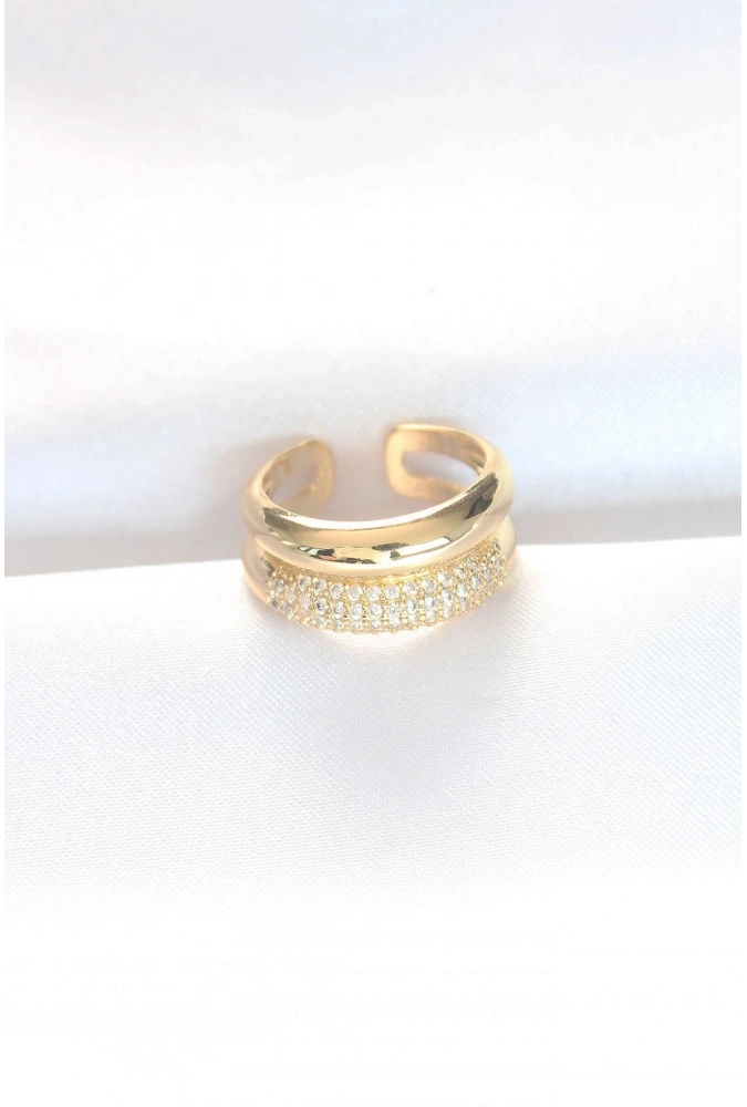 Shoecide 2li Görünümlü Zirkon Taşlı Gold Renk Ayarlanabilir Bombe Yüzük