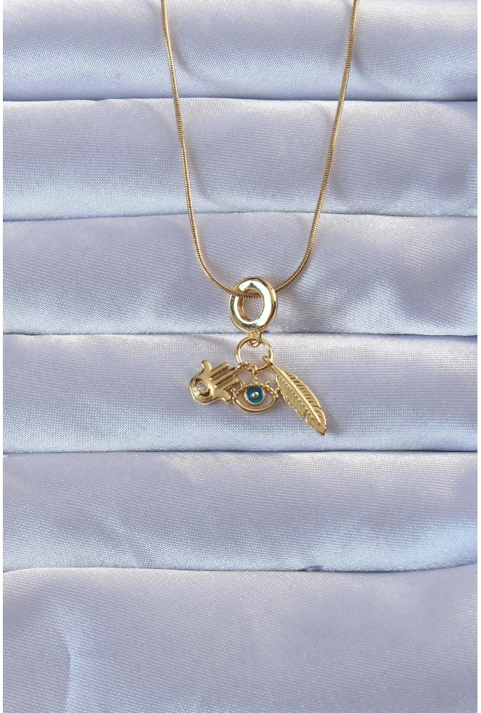 Shoecide 316l Altın Renk Zirkon Taşlı Fatma Ana Eli Yapraklı Kolye