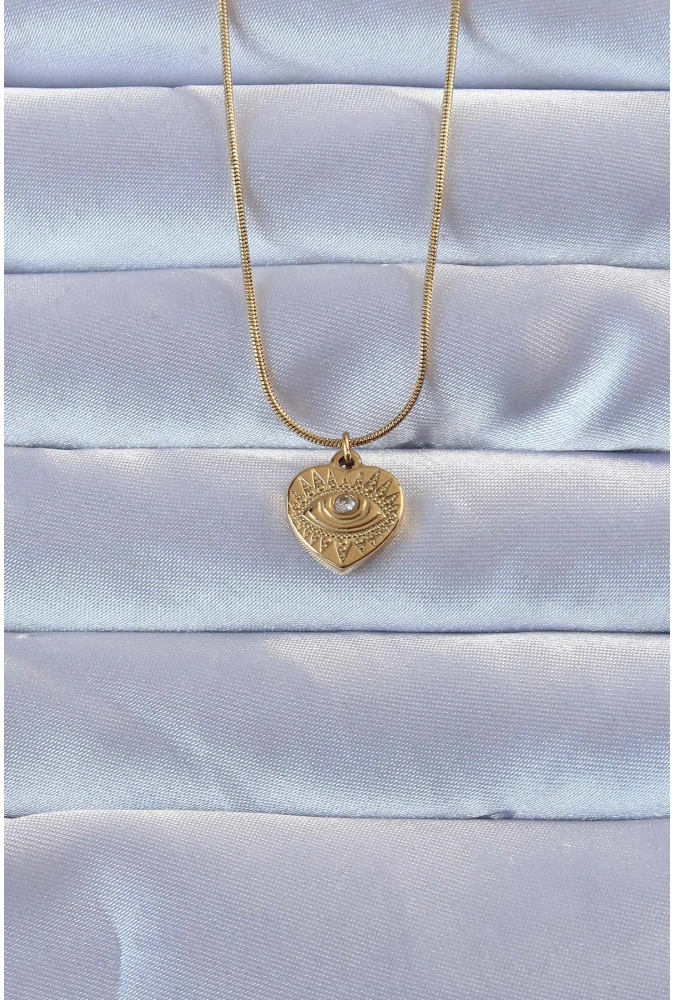 Shoecide 316l Altın Renk Zirkon Taşlı İşlemeli Göz Detay Kalp Kolye