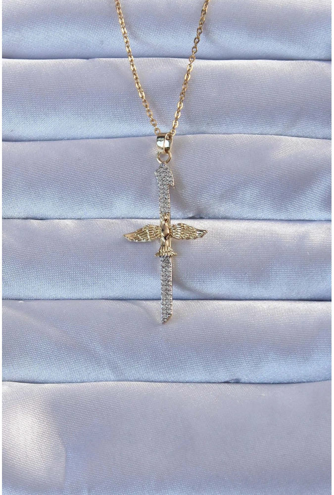 Shoecide 316l Altın Renk Zirkon Taşlı Kılıç Model Anka Kuşu Kolye
