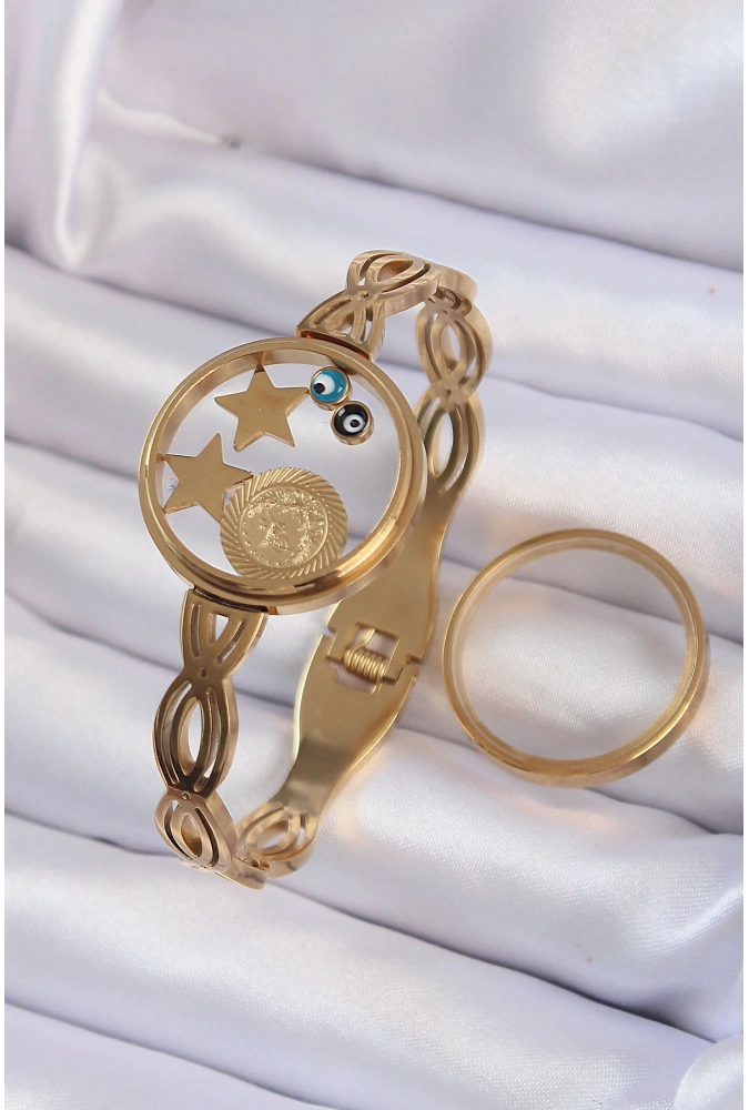 Shoecide 316l Çelik Altın Renk İçi Nazar Boncuk Ve Yıldız Figürlü Açılabilir Fanus Kelepçe