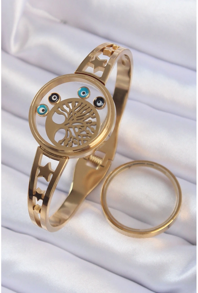 Shoecide 316l Çelik Altın Renk İçi Yaşam Ağacı Ve Nazar Boncuk Figürlü Açılabilir Fanus Kelepçe