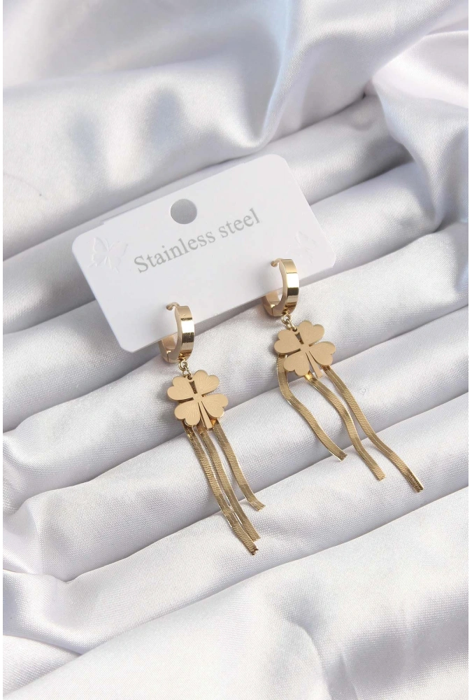 Shoecide 316l Çelik Altın Renk İtalyan Zincirli Yonca Model Halka Küpe