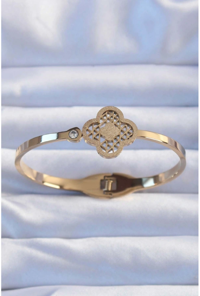 Shoecide 316l Çelik Altın Renk Zirkon Taşlı Simli Yonca Kelepçe