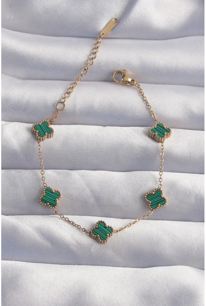 Shoecide 316l Çelik Baby Boy Gold Renk Çizgili Yeşil Mineli Yonca Bileklik