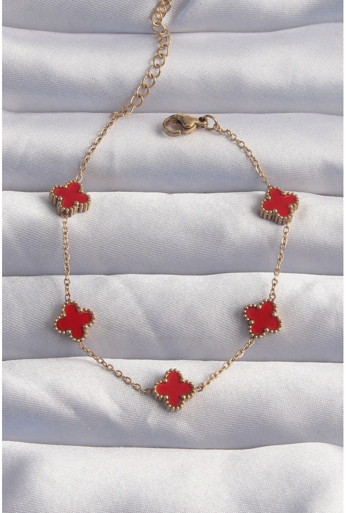 Shoecide 316l Çelik Baby Boy Gold Renk Kırmızı Mineli Yonca Bileklik