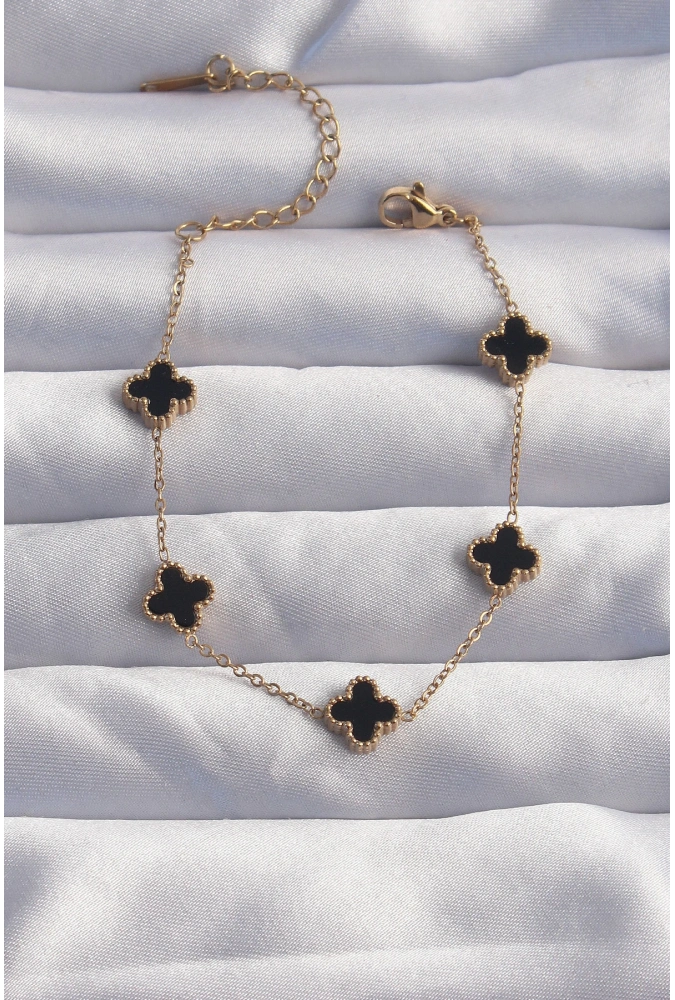 Shoecide 316l Çelik Baby Boy Gold Renk Siyah Mineli Yonca Bileklik