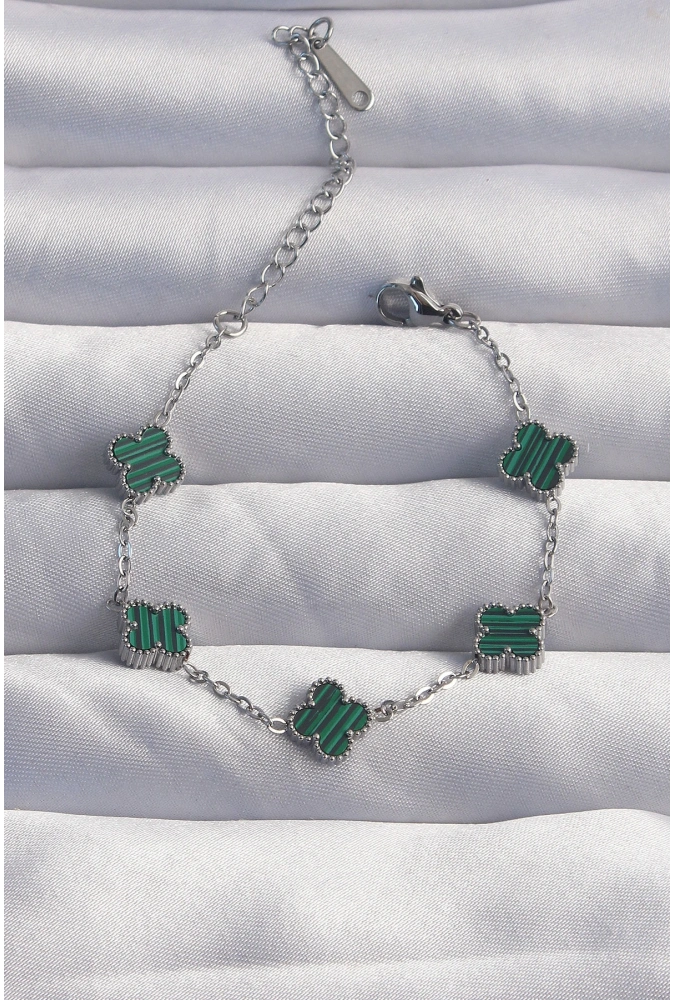 Shoecide 316l Çelik Baby Boy Gümüş Renk Çizgili Yeşil Mineli Yonca Bileklik