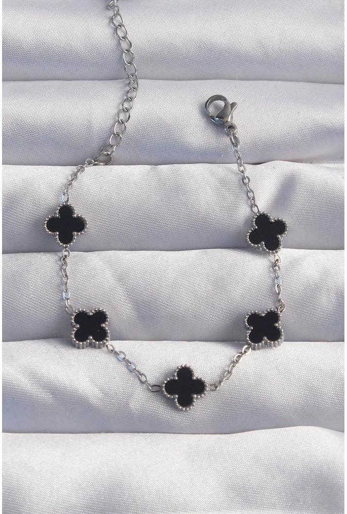 Shoecide 316l Çelik Baby Boy Gümüş Renk Siyah Mineli Yonca Bileklik