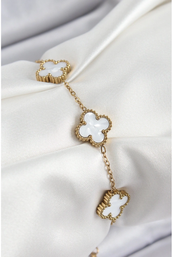 Shoecide 316l Çelik Beyaz Sedef Yonca Model Gold Renk Kadın Bileklik