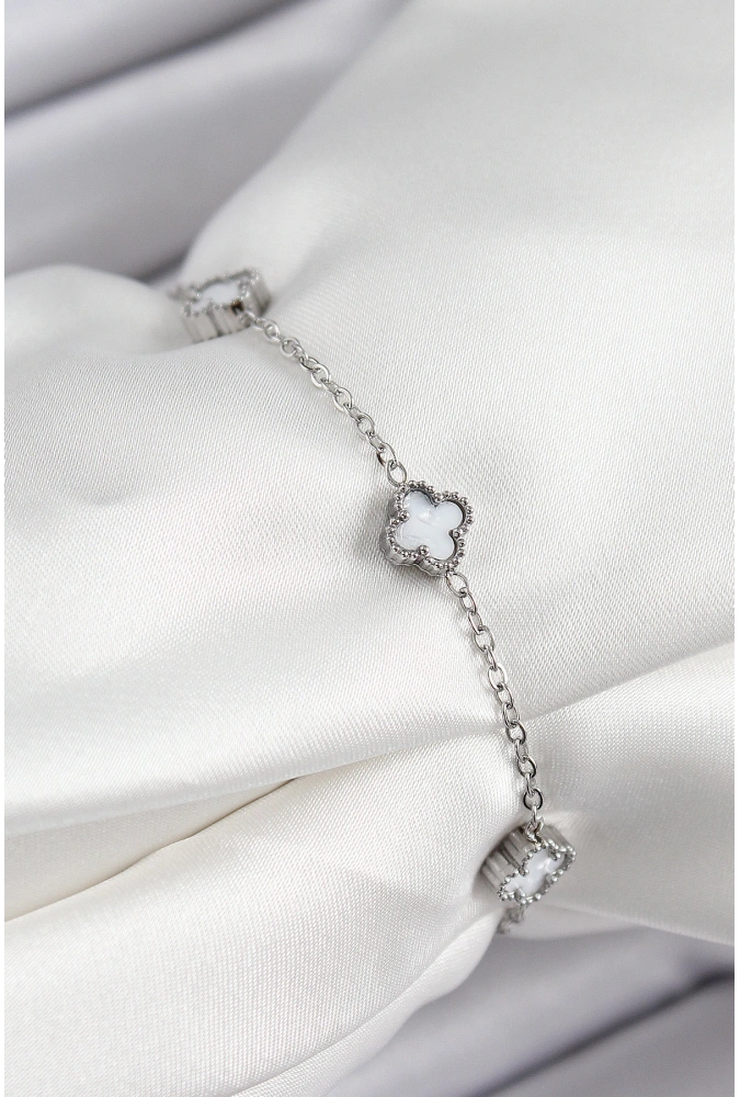 Shoecide 316l Çelik Beyaz Sedef Yonca Model Gümüş Renk Kadın Bileklik