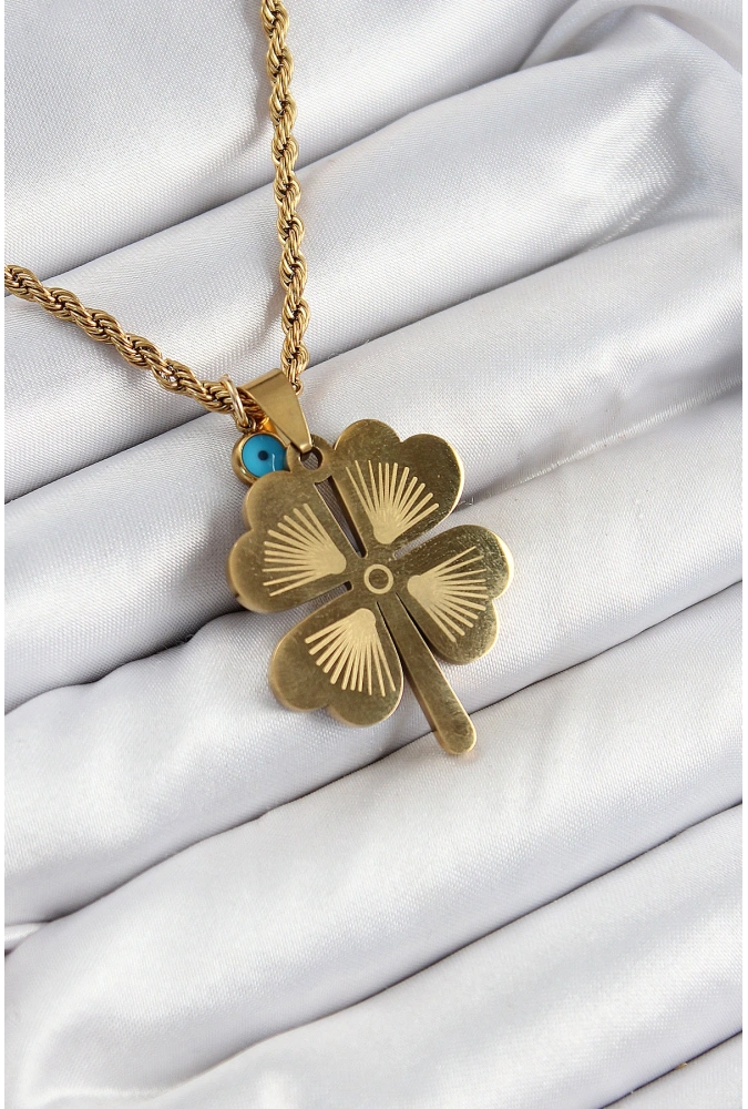 Shoecide 316l Çelik Burgu Zincirli Nazar Detaylı Yonca Model Gold Renk Kadın Kolye