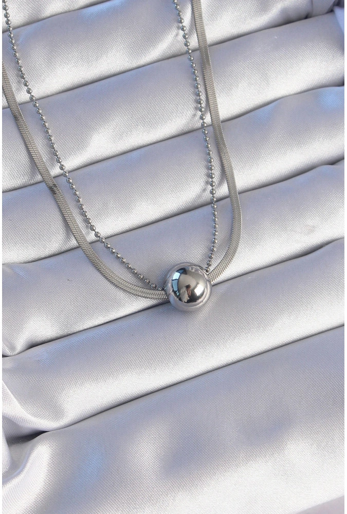 Shoecide 316l Çelik Çift Zincirli Gümüş Renk Topçuk İtalyan Model Kolye