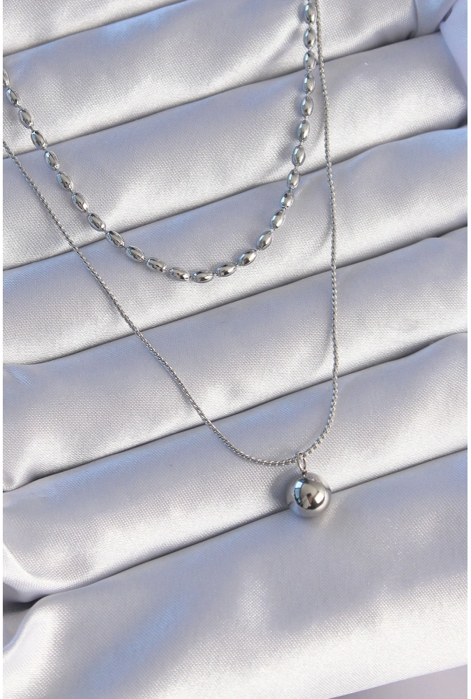 Shoecide 316l Çelik Çift Zincirli Gümüş Renk Topçuk Model Kolye