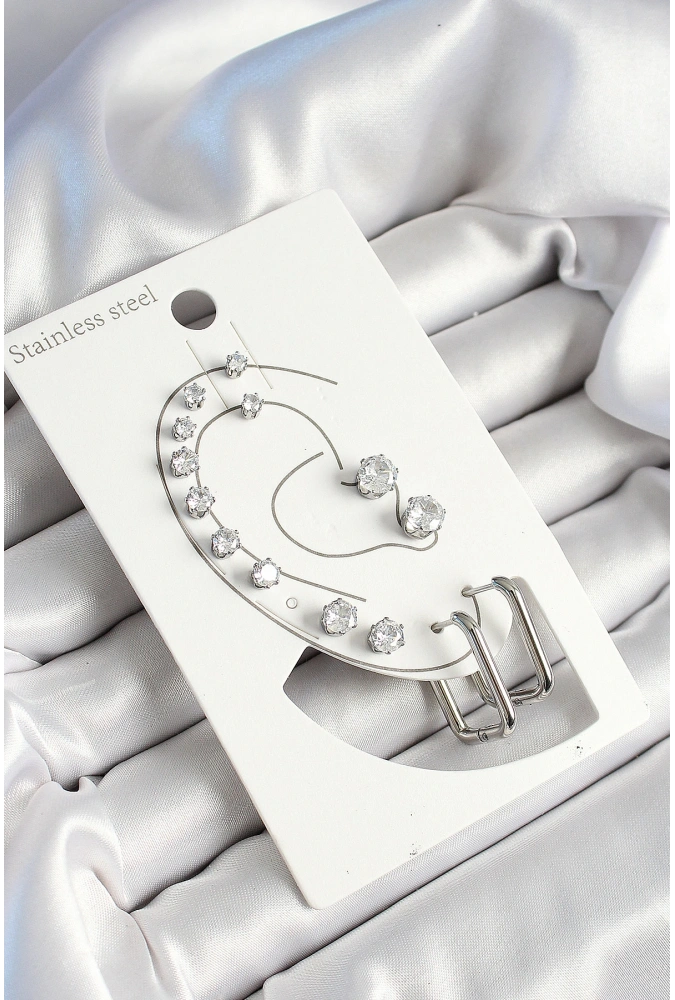 Shoecide 316l Çelik Dikdörtgen Figürlü Ve Zirkon Taşlı Gümüş Renk 7li Çift Kadın Küpe Set