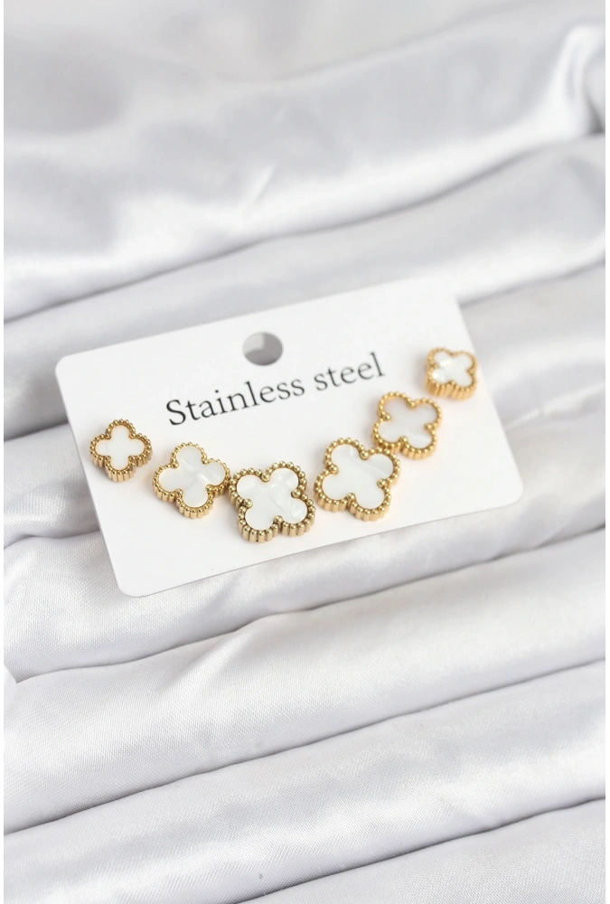 Shoecide 316l Çelik Gold Beyaz Renk 3 Boy Yonca Küpe Seti