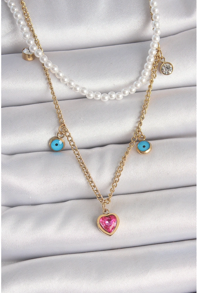 Shoecide 316l Çelik Gold Renk 2li İnci Zincir Model Pembe Taşlı Kalp Figür Nazar Boncuk Detay Kadın Kolye