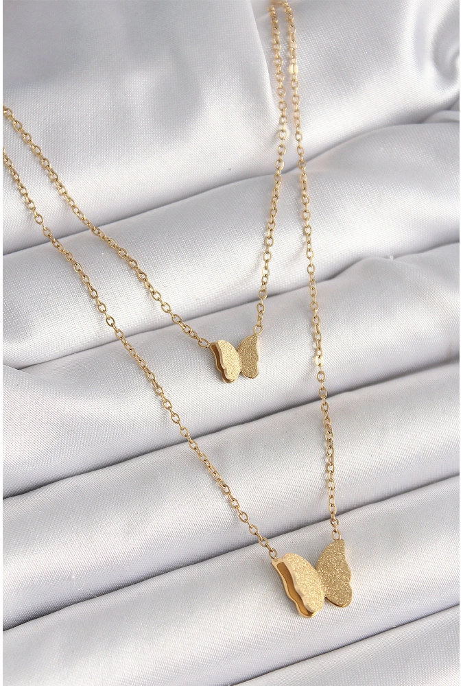 Shoecide 316l Çelik Gold Renk 2li Simli Kelebek Model Kadın Kolye