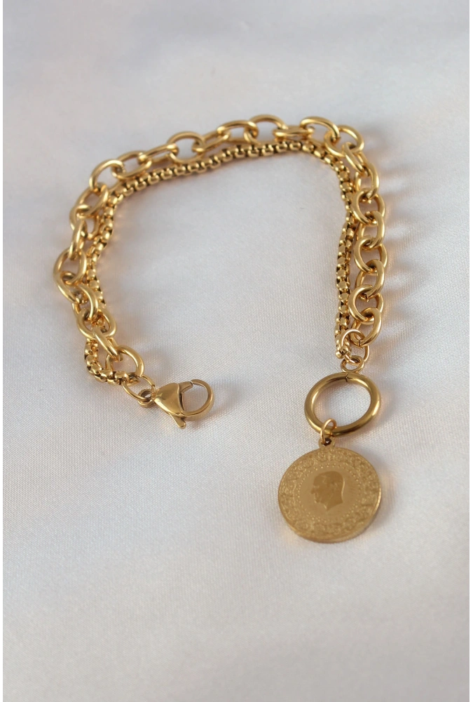 Shoecide 316l Çelik Gold Renk 2li Zincir Model Çeyrek Altınlı Kadın Bileklik