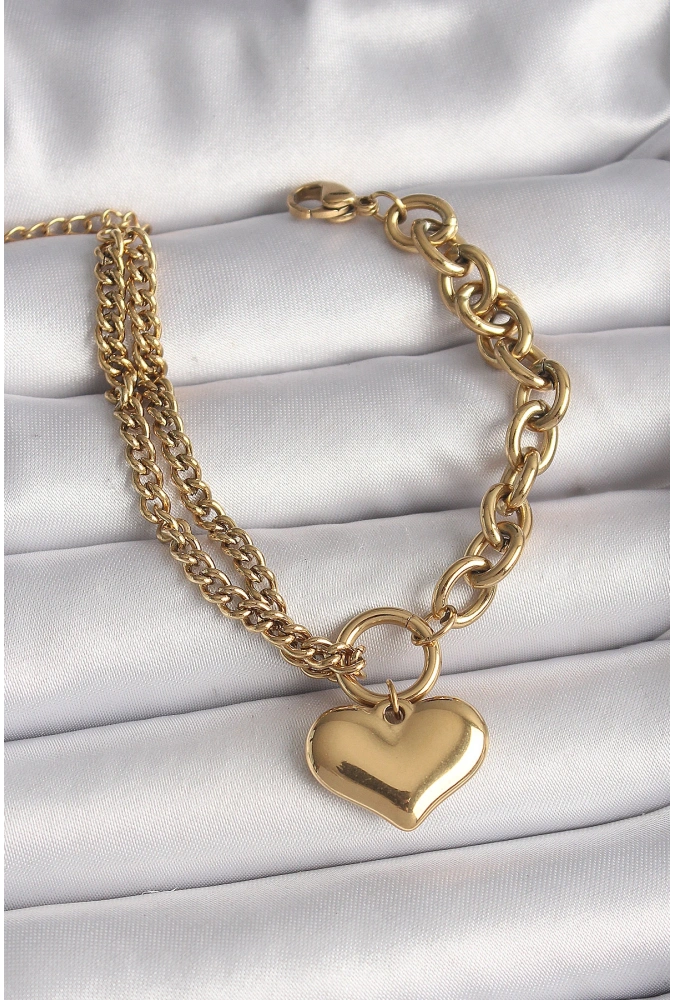 Shoecide 316l Çelik Gold Renk 2li Zincir Model Kalp Figür Kadın Bileklik