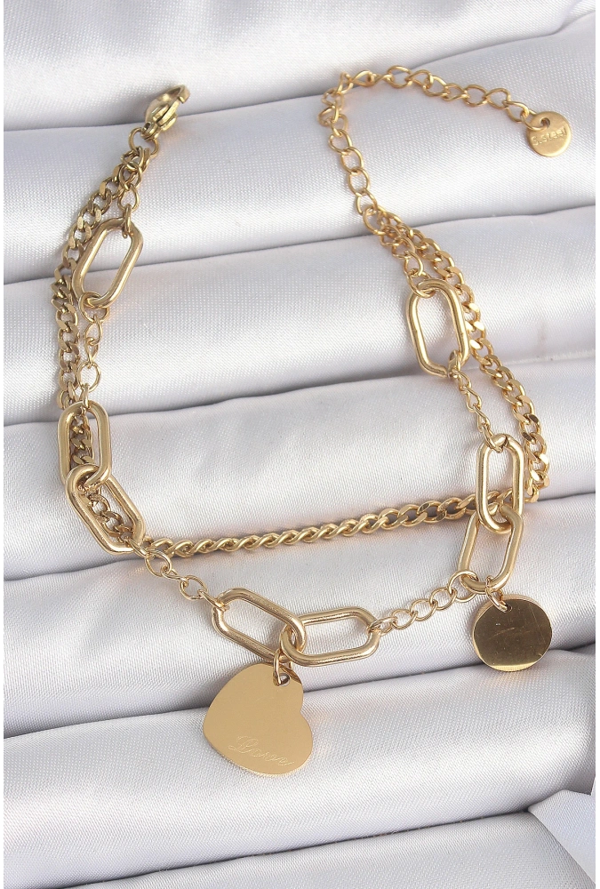 Shoecide 316l Çelik Gold Renk 2li Zincir Model Sallantı Kalp Figür Kadın Bileklik