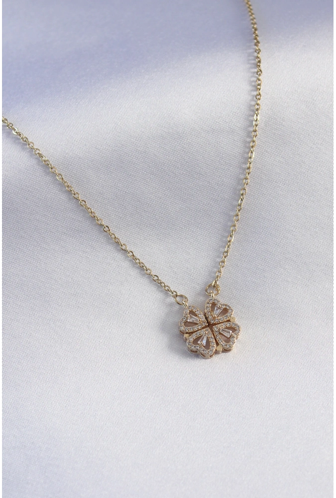 Shoecide 316l Çelik Gold Renk Açılır Zirkon Taşlı Yonca Model Kadın Kolye