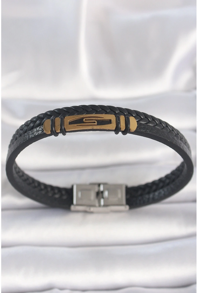 Shoecide 316l Çelik Gold Renk Aksesuarlı Çift Sıra Siyah Burgu Desenli Deri Kordon Erkek Bileklik