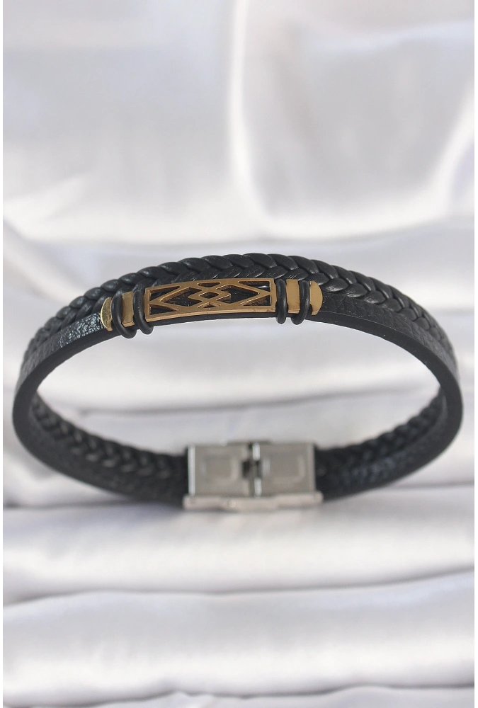 Shoecide 316l Çelik Gold Renk Aksesuarlı Çift Sıra Siyah Burgu Desenli Deri Kordon Erkek Bileklik