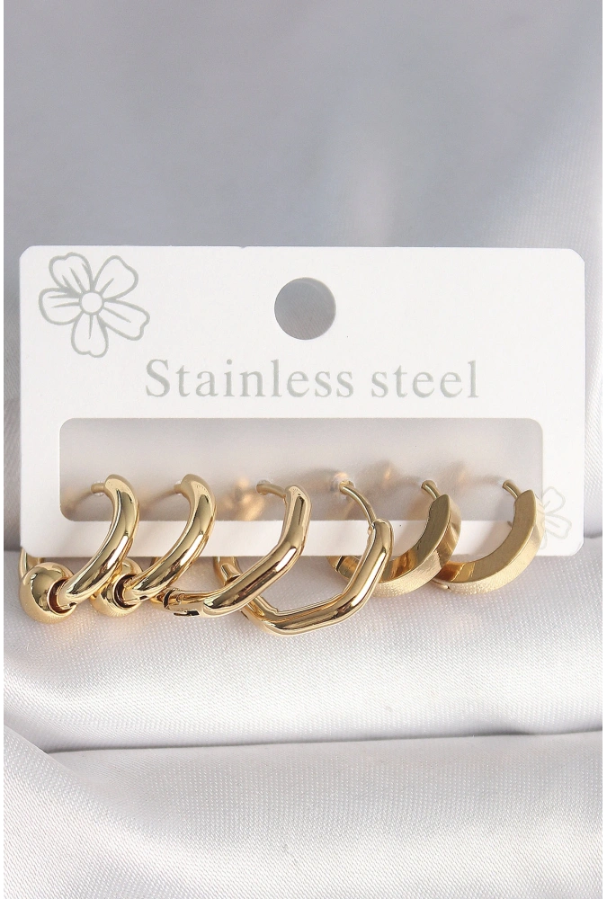 Shoecide 316l Çelik Gold Renk Altıgen Halka Model Kadın Küpe Seti