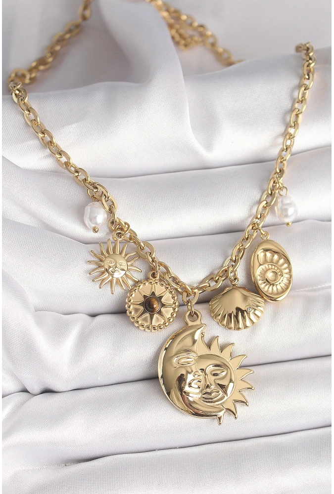 Shoecide 316l Çelik Gold Renk Ay Güneş Figür Deniz Kabuğu Detay Kadın Kolye